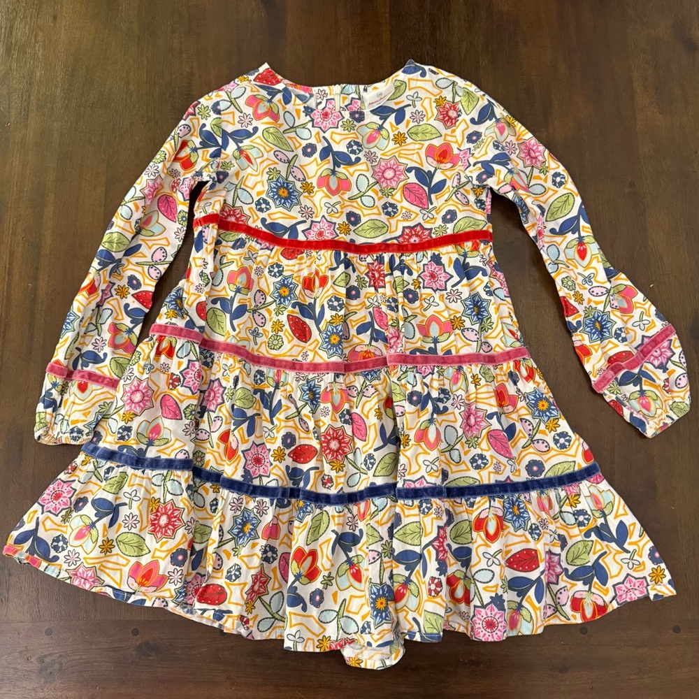 Hanna Andersson Girls Floral Tiered Cotton Dress Velvet Trim Size 130 8Y